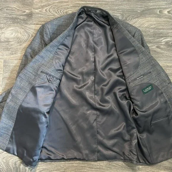 Ralph Lauren 48R Gray Plaid Blue Blazer Suit Jacket Sport Coat Two Button Wool - Picture 14 of 16